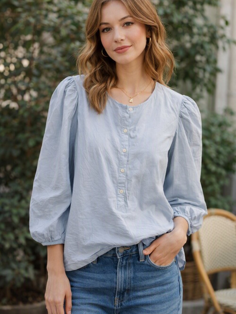 La Vie Light Blue Long-Sleeve Button Top